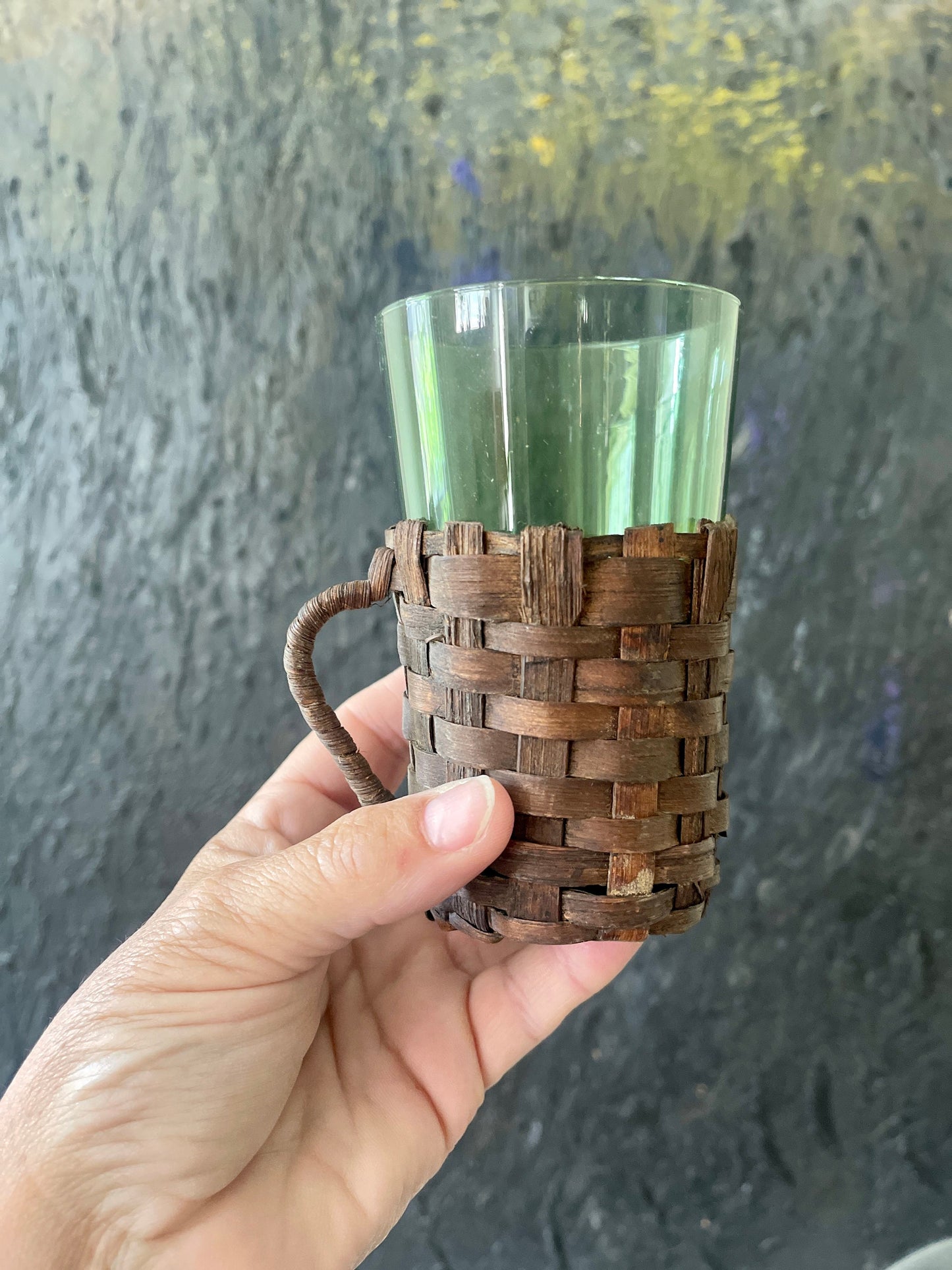 Set of Four (4) Wicker Covered Green Drinking Glasses