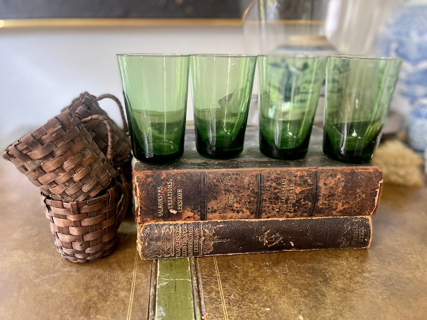 Set of Four (4) Wicker Covered Green Drinking Glasses