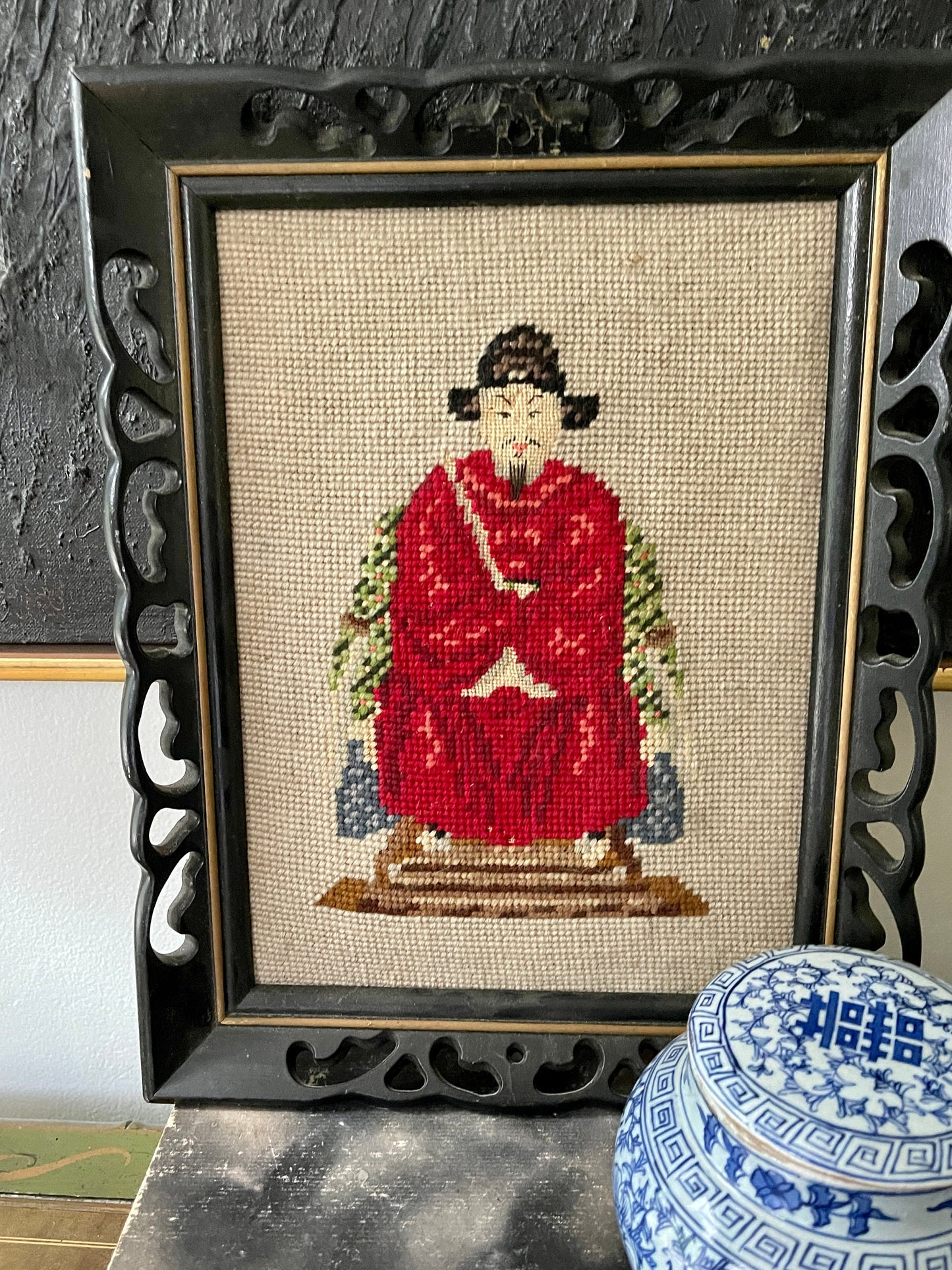 Pair of Framed Asian Cross-stitch Emperor Art