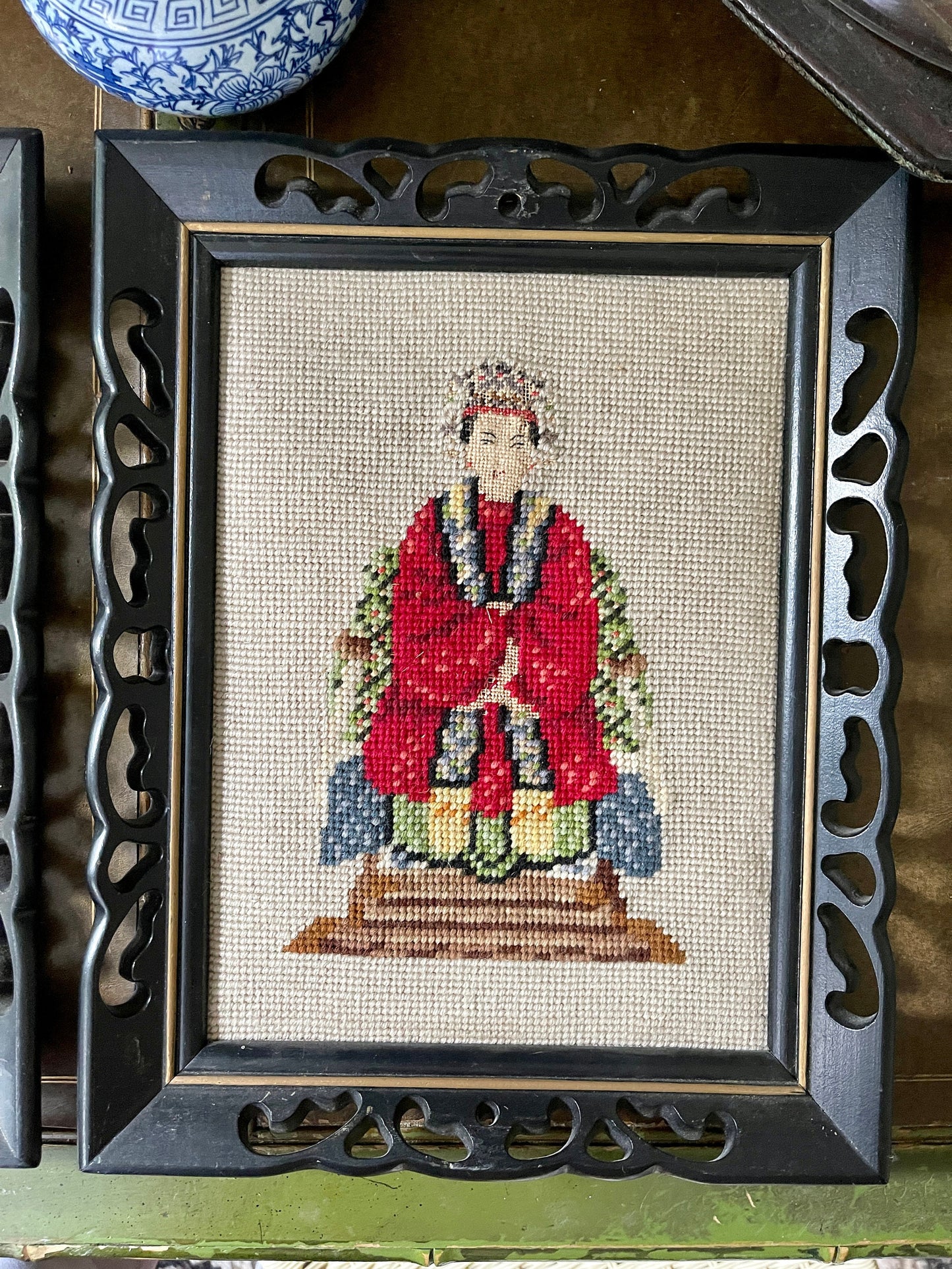 Pair of Framed Asian Cross-stitch Emperor Art