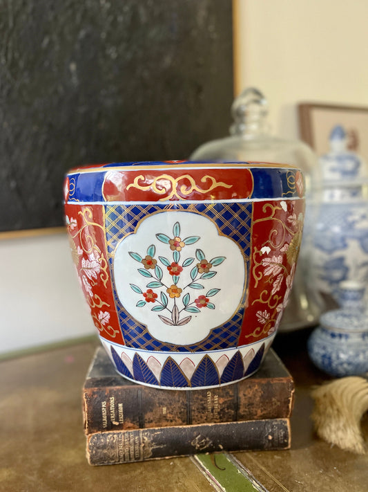 Red and Blue 12” Asian Imari Ceramic Planter