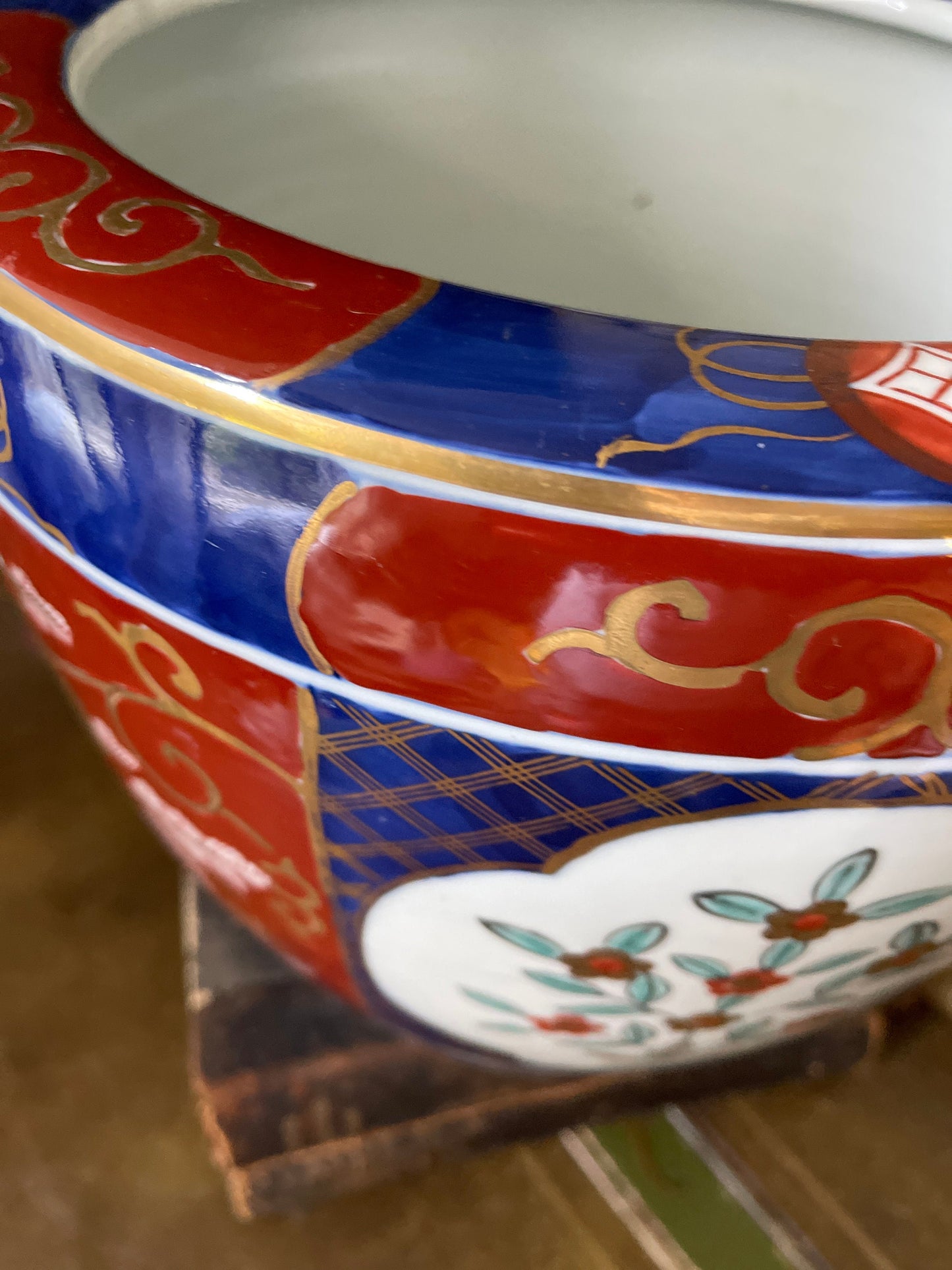 Red and Blue 12” Asian Imari Ceramic Planter