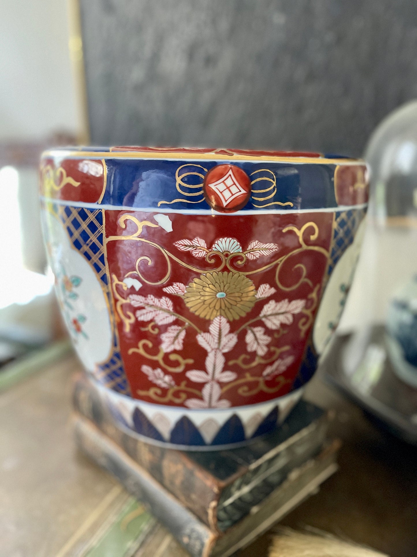 Red and Blue 12” Asian Imari Ceramic Planter