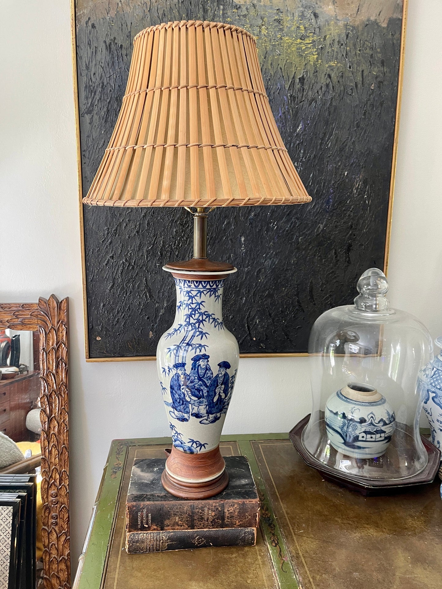 Vintage Blue and White Terracotta Asian Lamp Attributed to Norman Perry