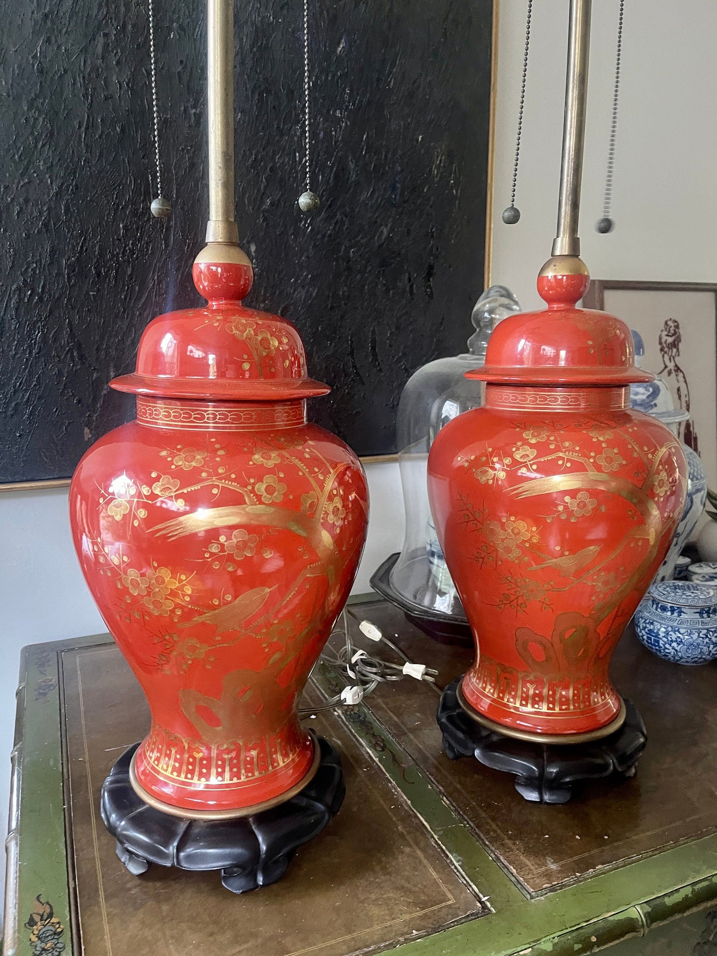 Pair of Vintage Red and Gold Chinoiserie Ginger Jar Lamps by Marbro California