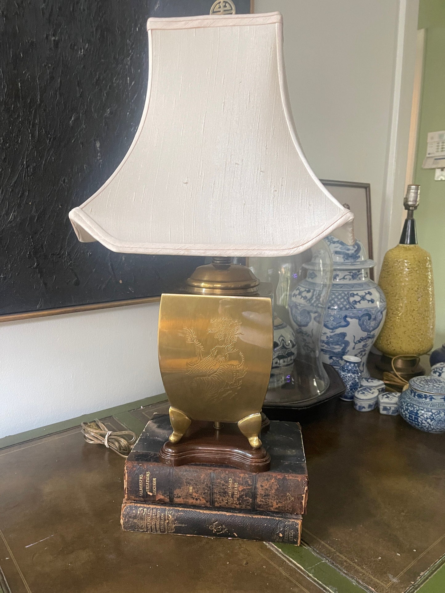 Vintage Brass Chinoiserie Lamp with Shade