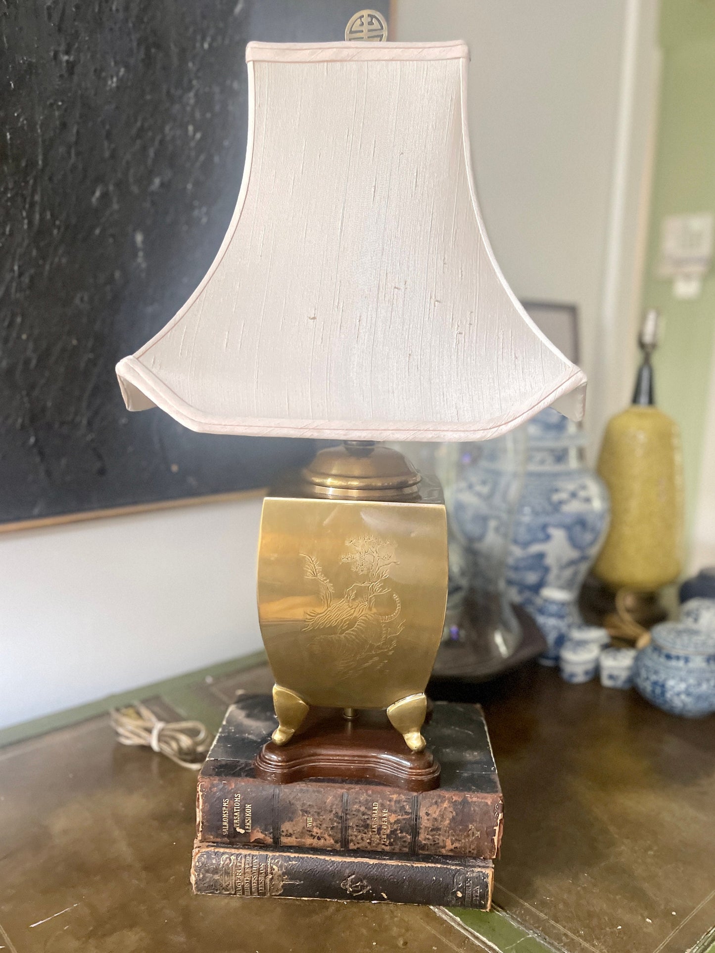 Vintage Brass Chinoiserie Lamp with Shade