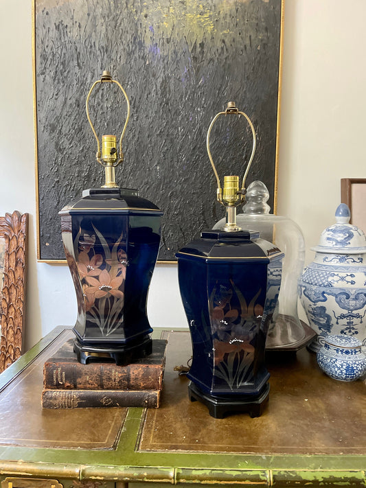 Pair of Deep Navy Blue Glass Chinoiserie Lamps