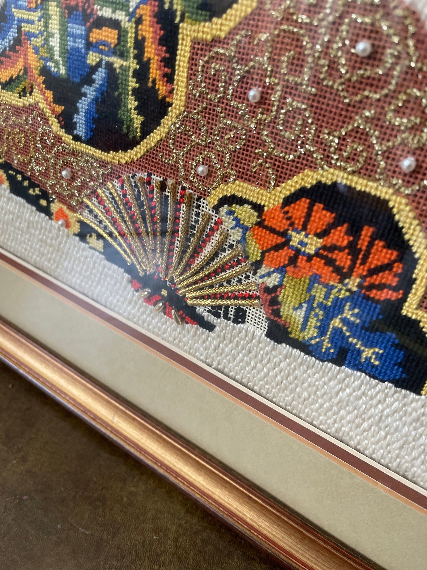 Vintage Framed Asian Cross-stitch Fan