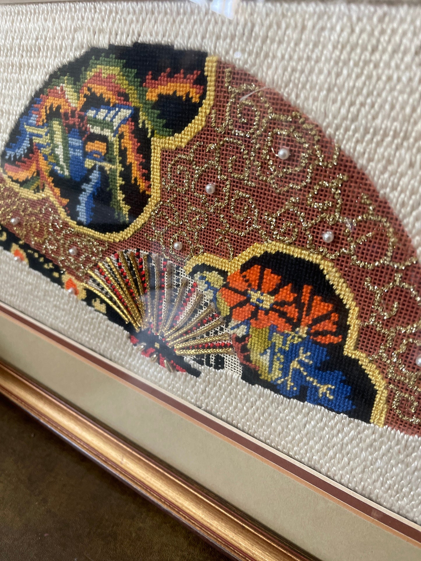 Vintage Framed Asian Cross-stitch Fan