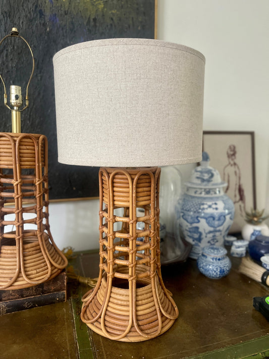 Pair of Vintage Pencil Reed Rattan Lamps in the Style of Gabriella Crespi