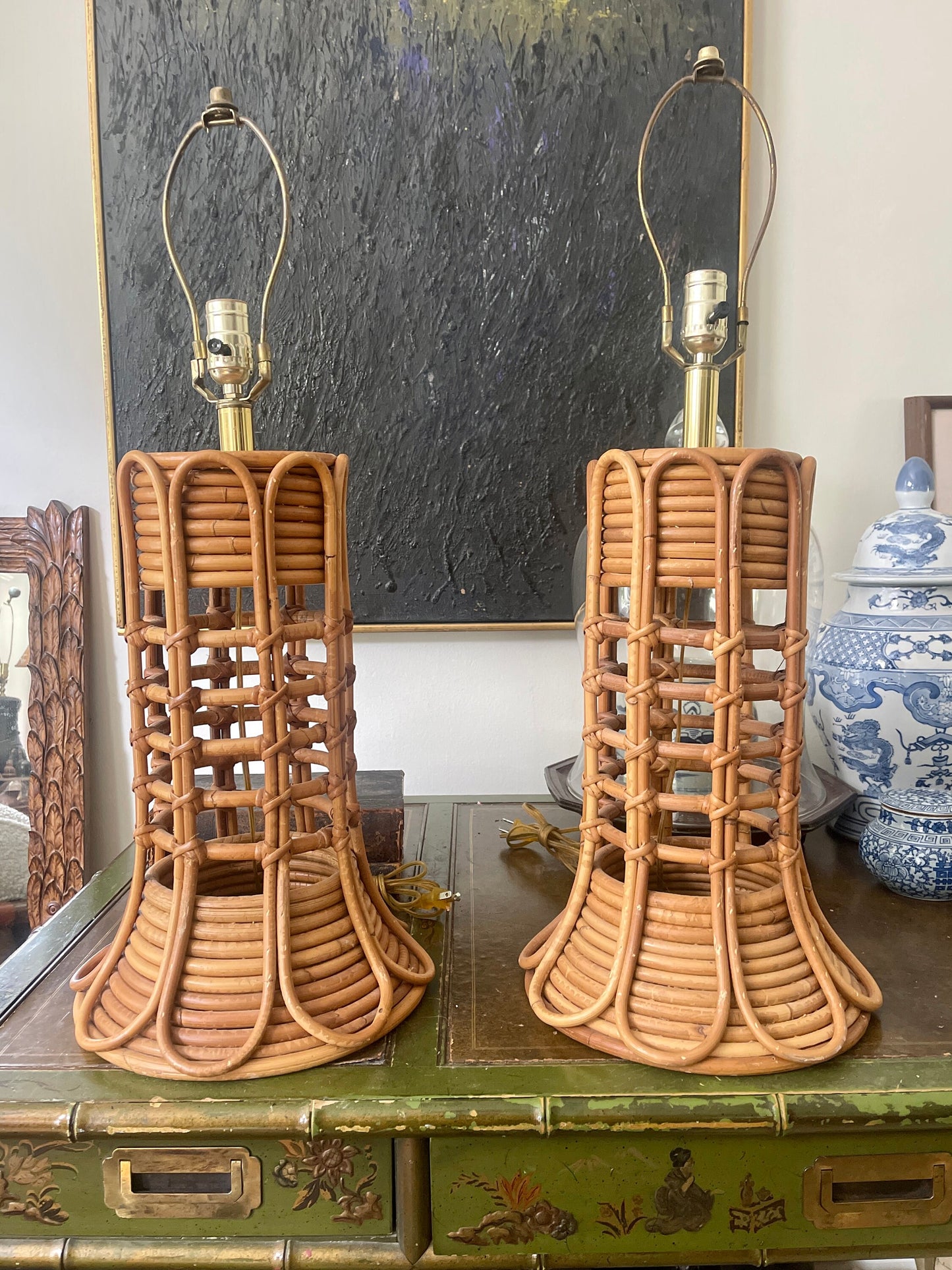 Pair of Vintage Pencil Reed Rattan Lamps in the Style of Gabriella Crespi