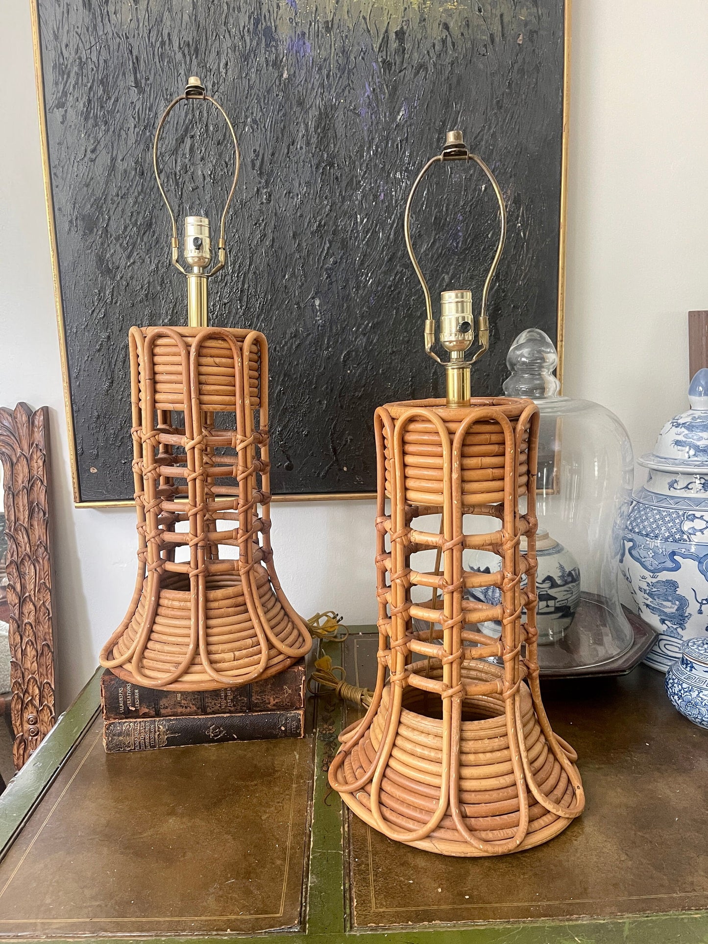 Pair of Vintage Pencil Reed Rattan Lamps in the Style of Gabriella Crespi