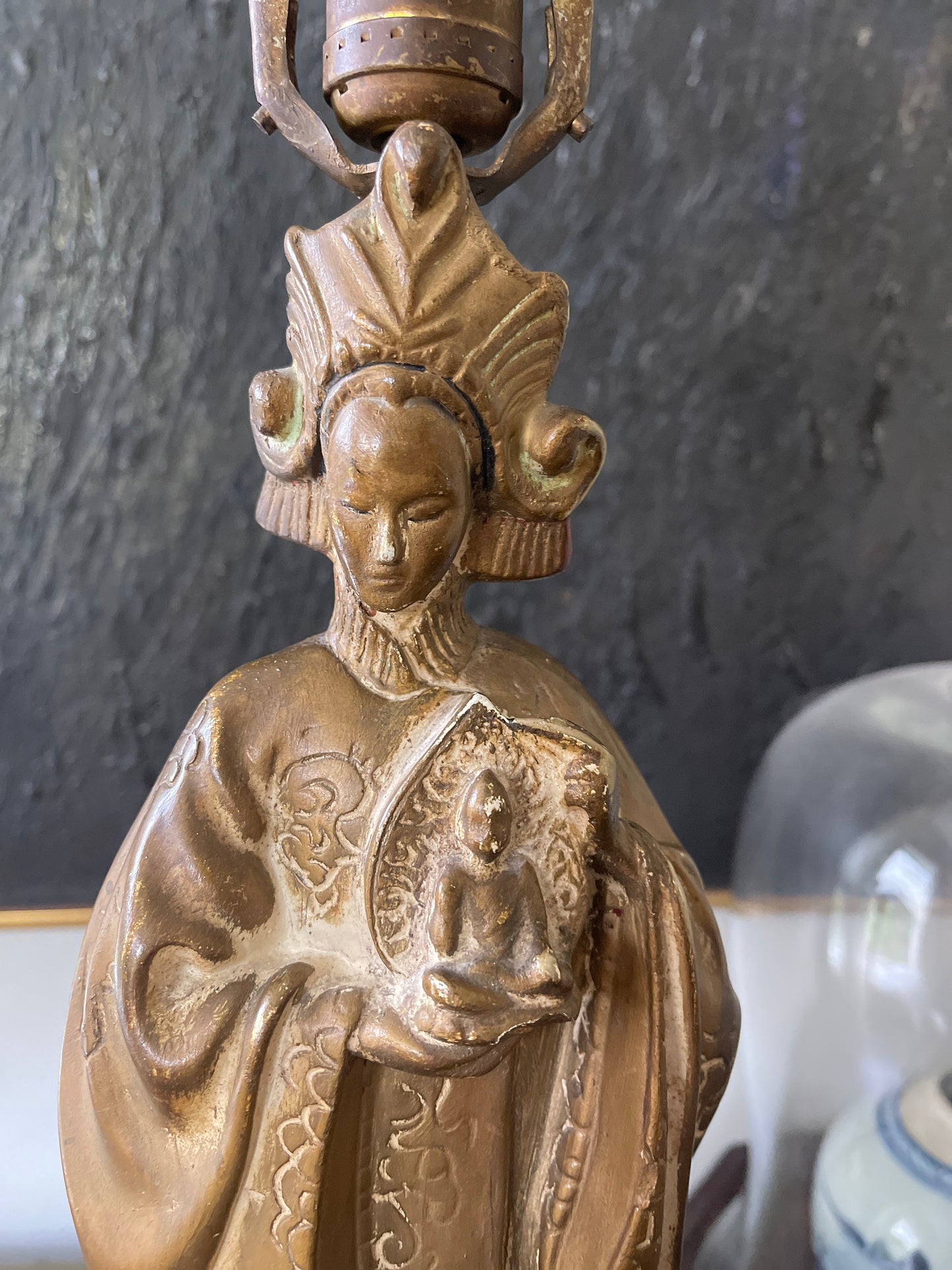 Vintage Asian Chalkware Quan Yin Lamp