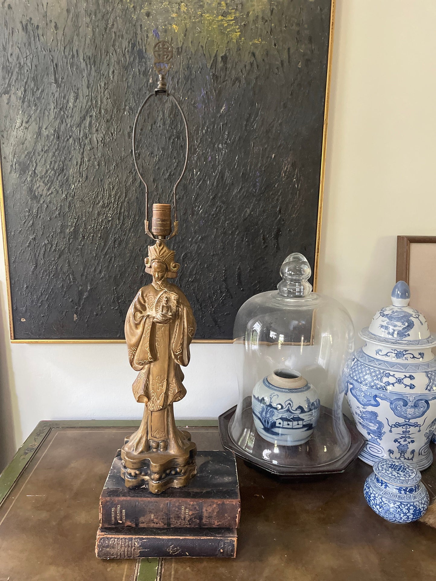 Vintage Asian Chalkware Quan Yin Lamp