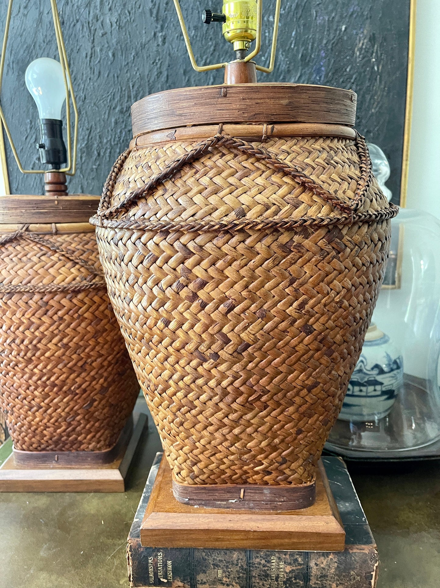 Pair of Mid Century Southeast Asian Woven Split Bamboo Table Lamp