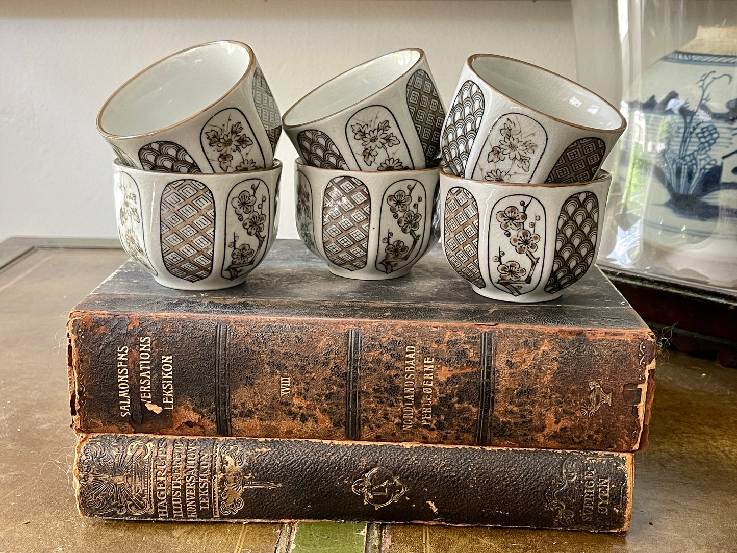 Set of Six (6) Brown and White Vintage Stoneware Japanese Tea Cups