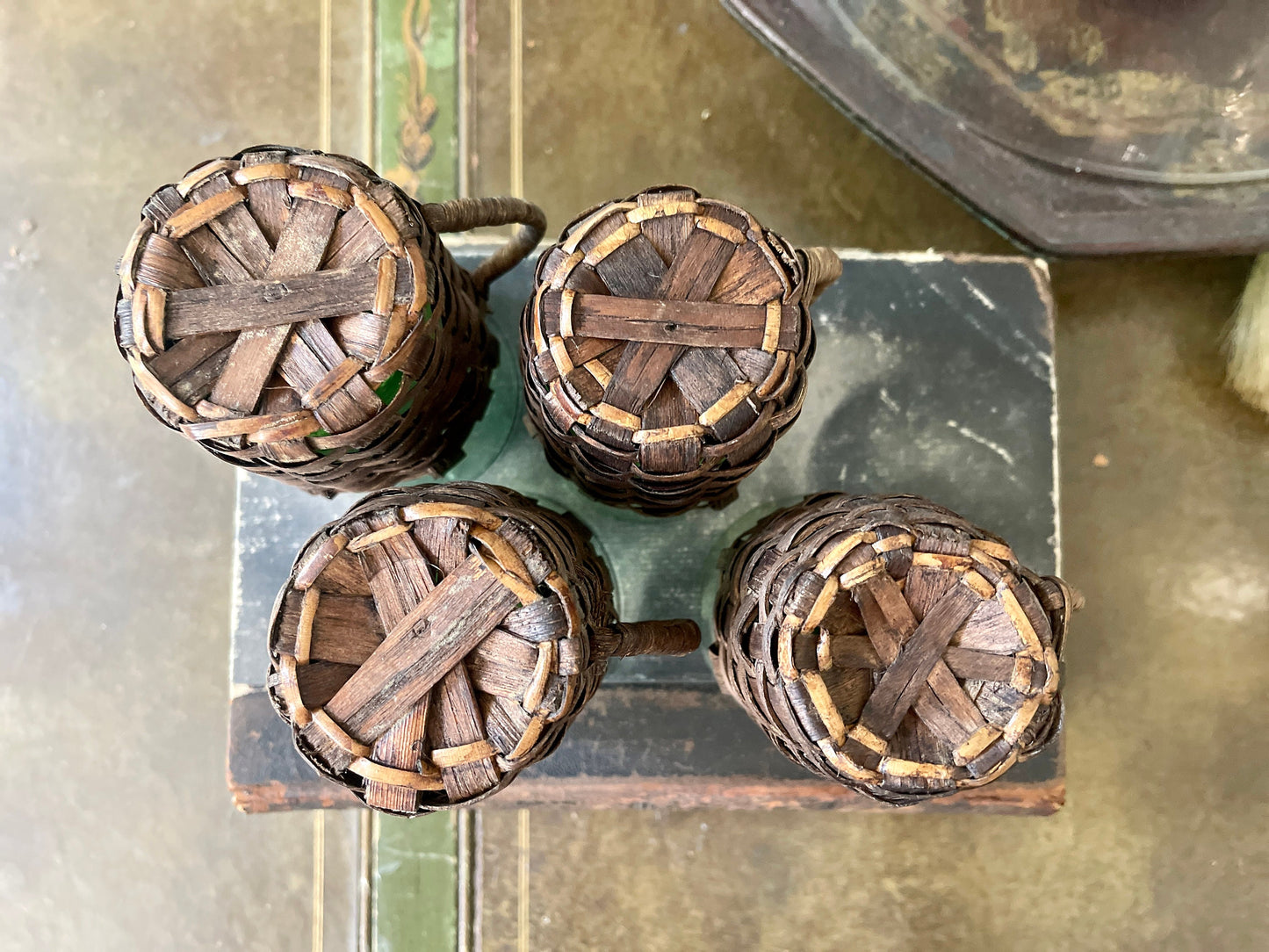 Set of Four (4) Wicker Covered Green Drinking Glasses