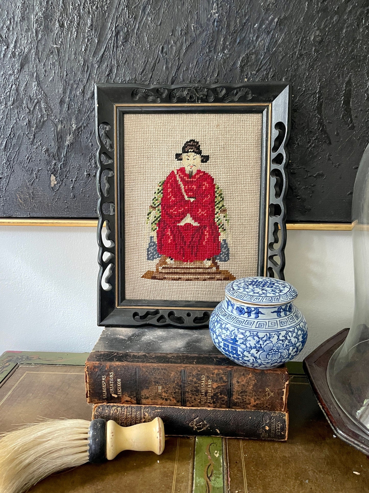 Pair of Framed Asian Cross-stitch Emperor Art