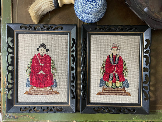 Pair of Framed Asian Cross-stitch Emperor Art