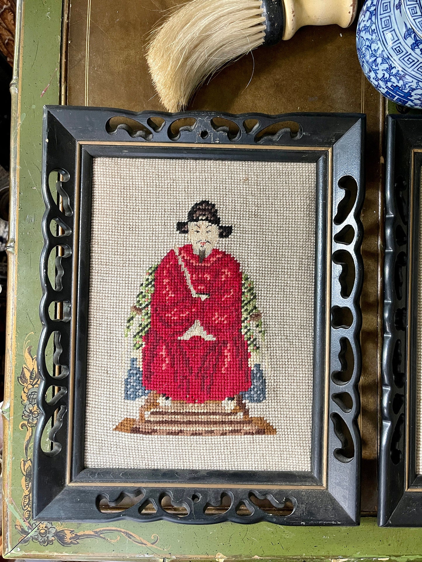 Pair of Framed Asian Cross-stitch Emperor Art