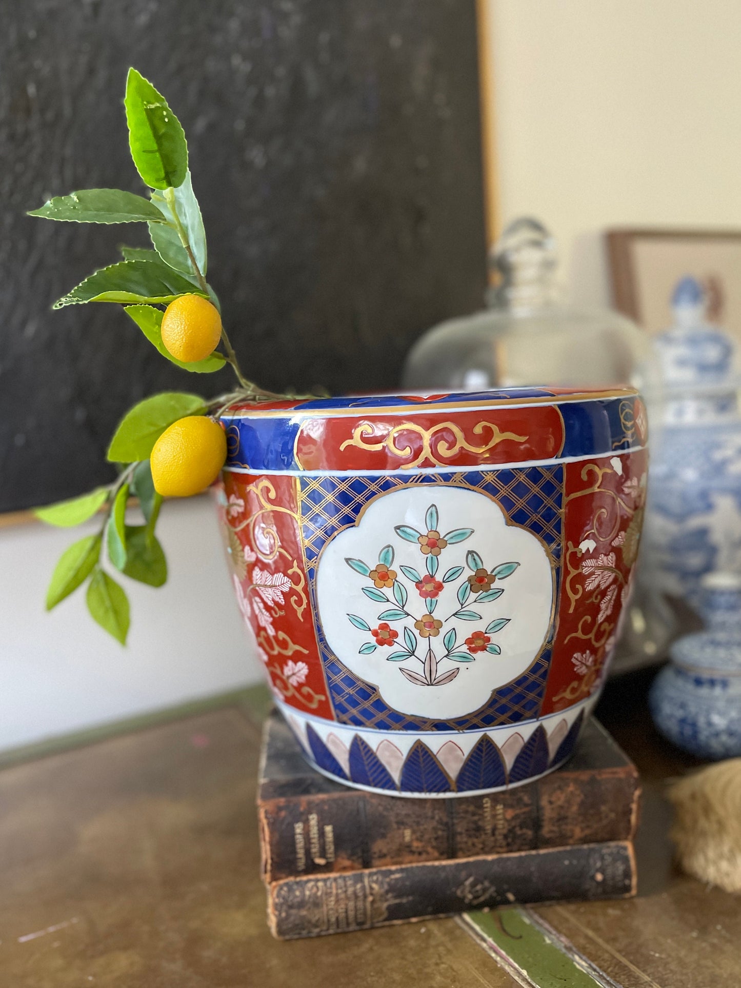 Red and Blue 12” Asian Imari Ceramic Planter