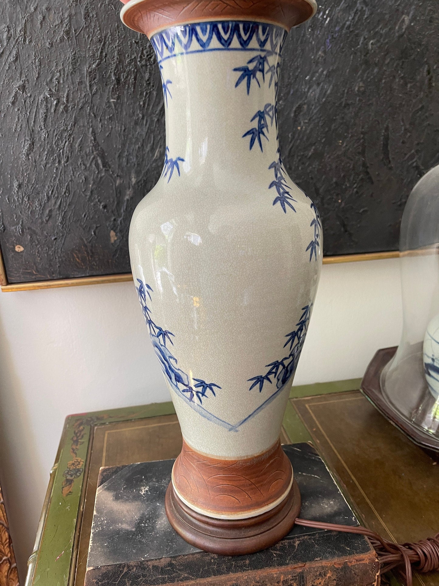 Vintage Blue and White Terracotta Asian Lamp Attributed to Norman Perry