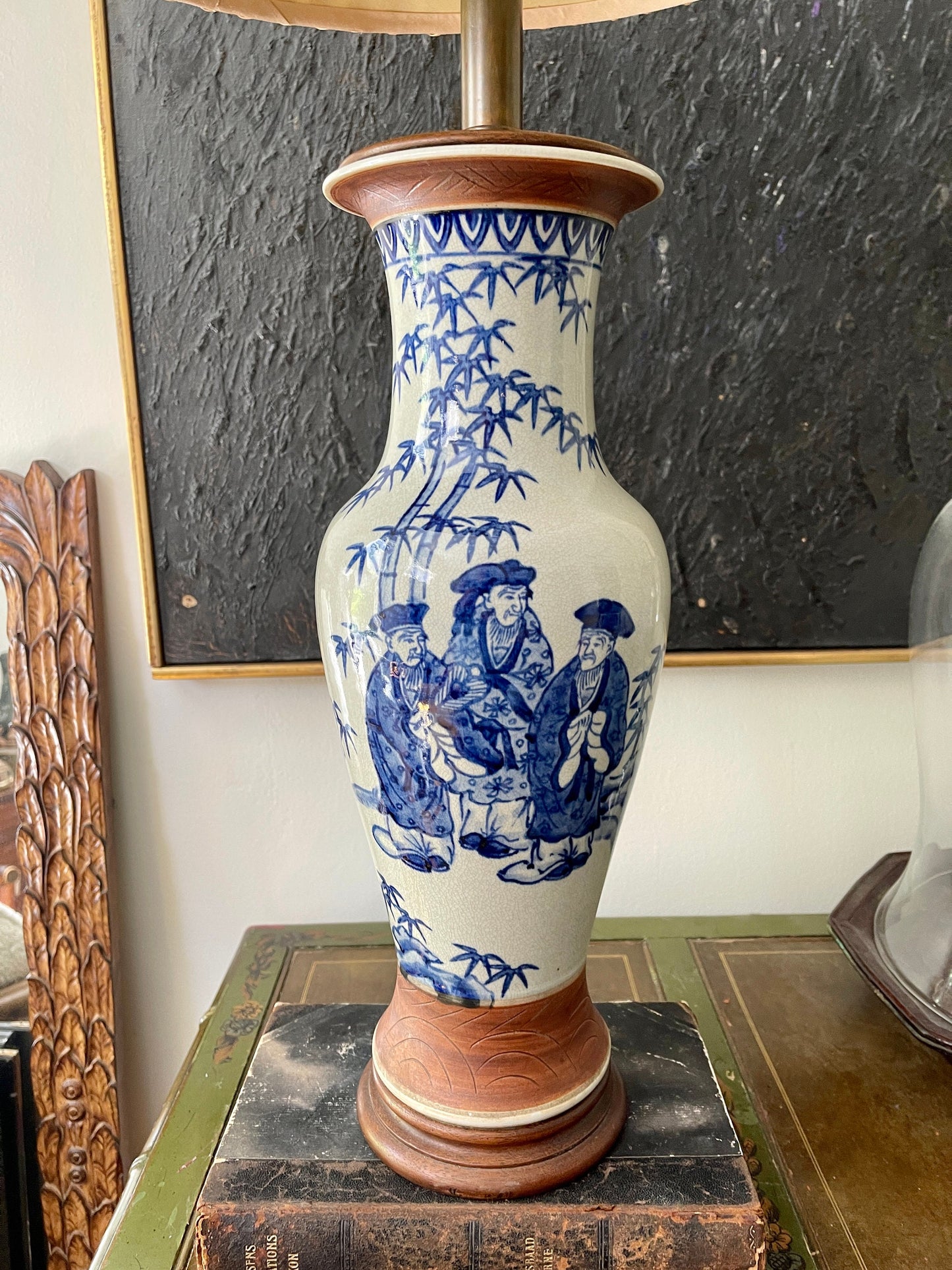 Vintage Blue and White Terracotta Asian Lamp Attributed to Norman Perry