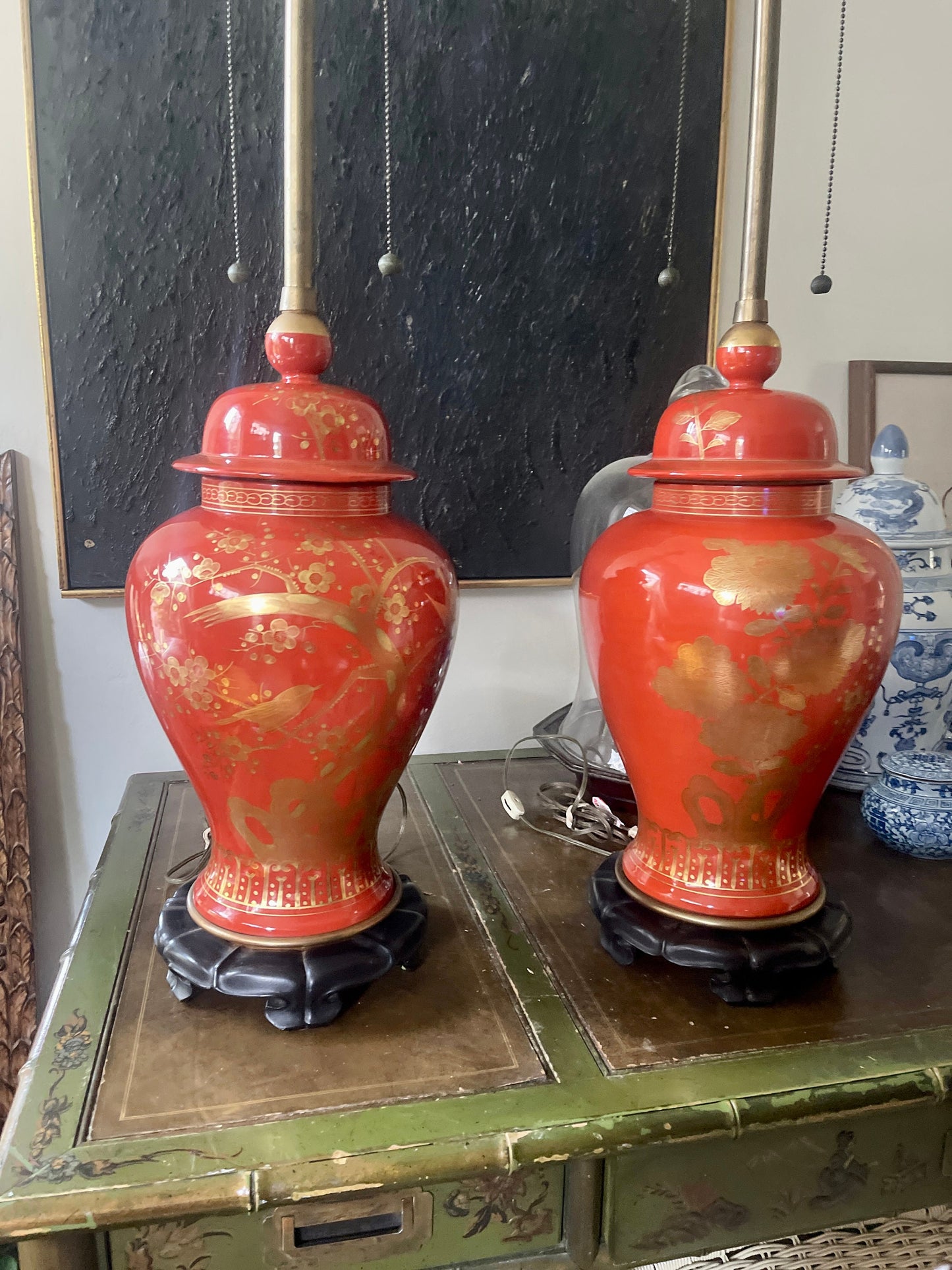 Pair of Vintage Red and Gold Chinoiserie Ginger Jar Lamps by Marbro California