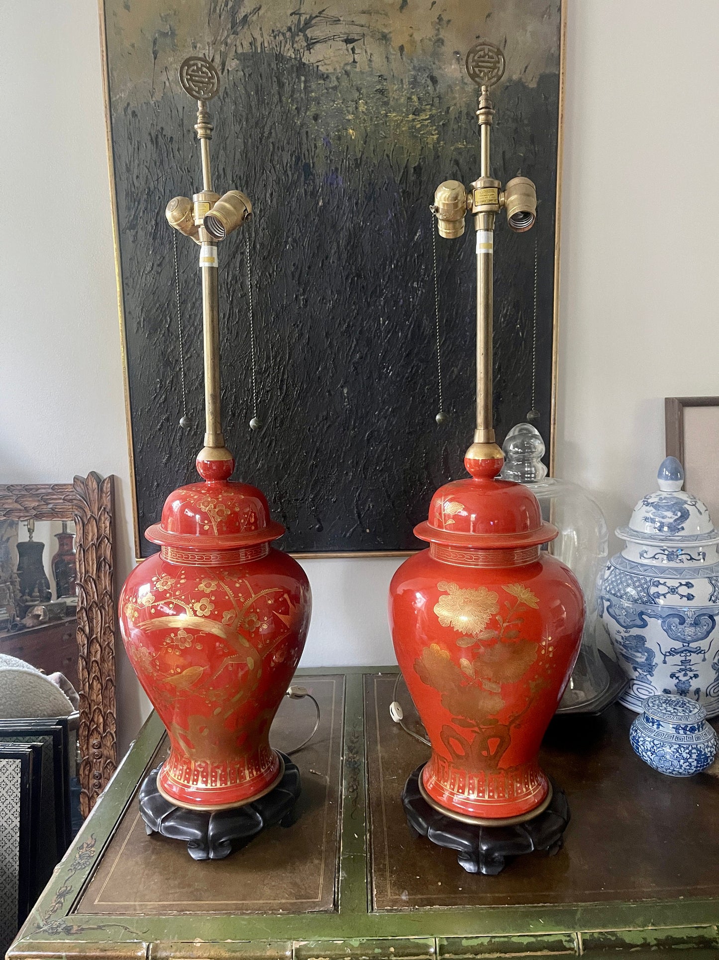 Pair of Vintage Red and Gold Chinoiserie Ginger Jar Lamps by Marbro California