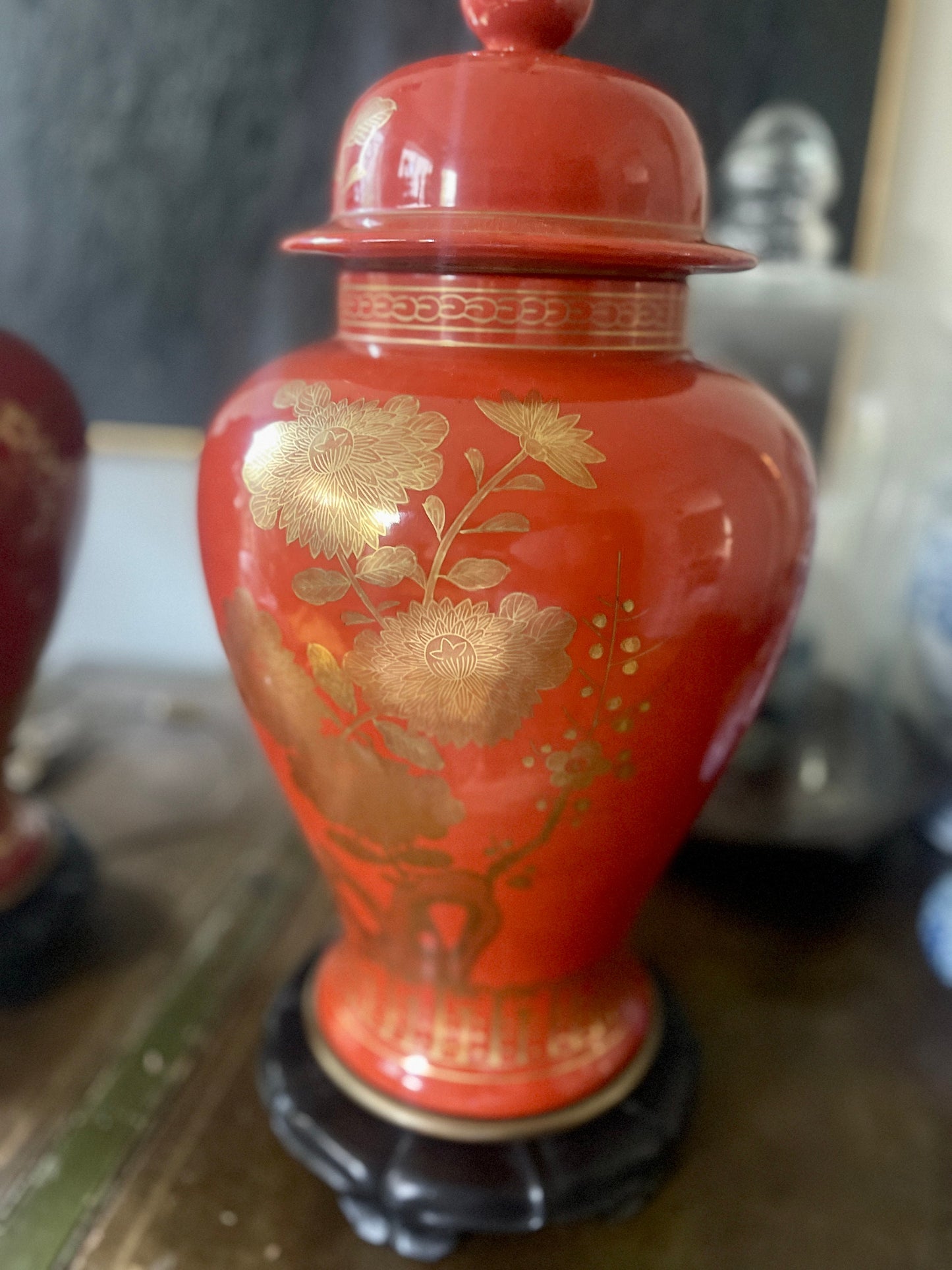 Pair of Vintage Red and Gold Chinoiserie Ginger Jar Lamps by Marbro California