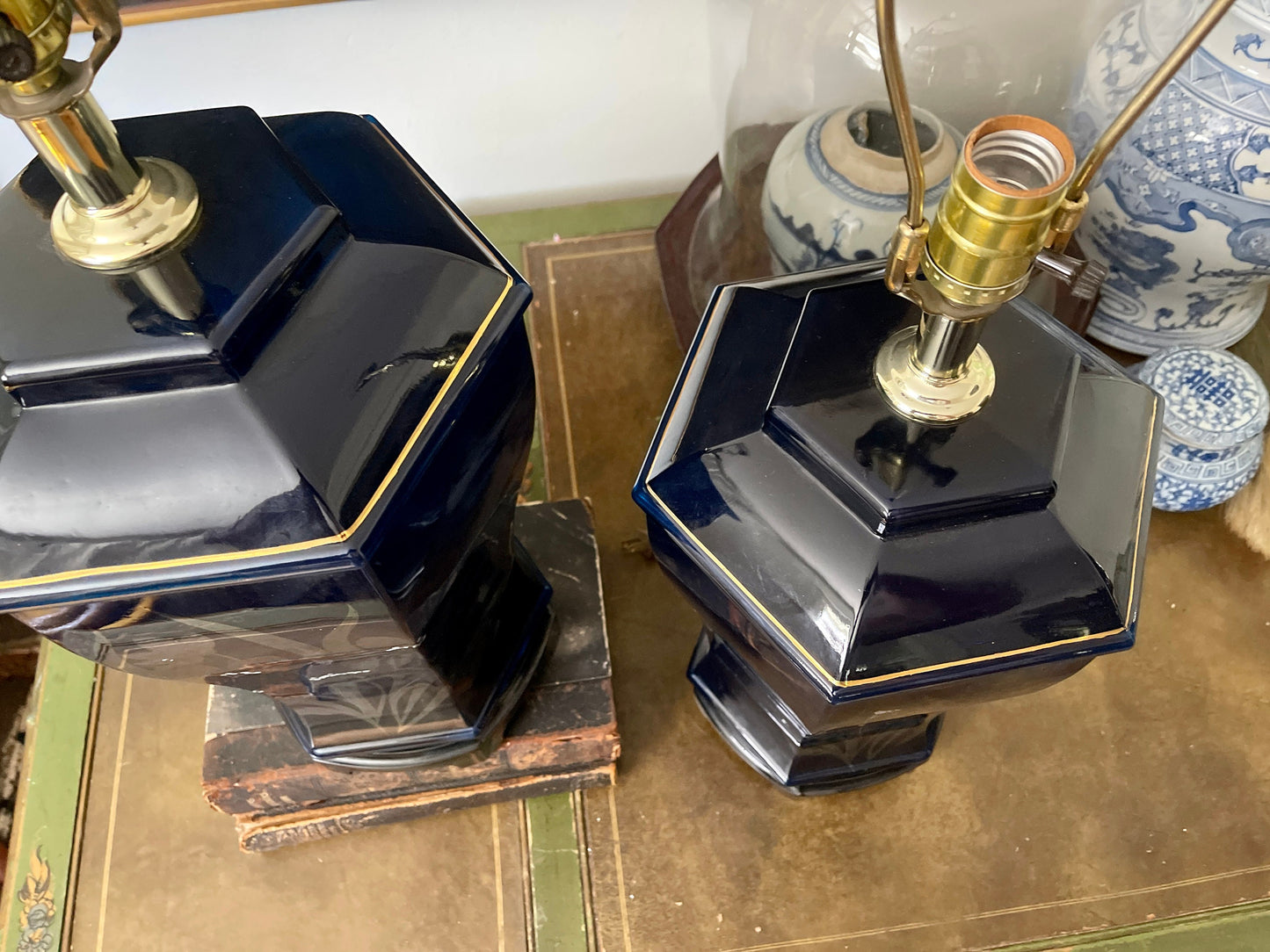 Pair of Deep Navy Blue Glass Chinoiserie Lamps