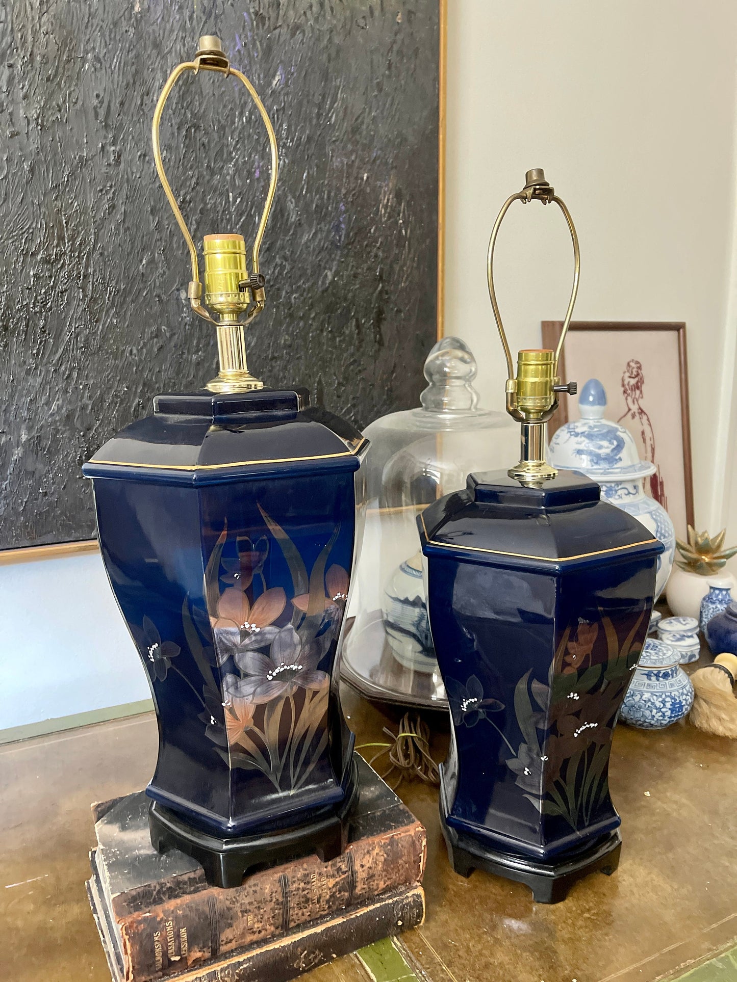 Pair of Deep Navy Blue Glass Chinoiserie Lamps