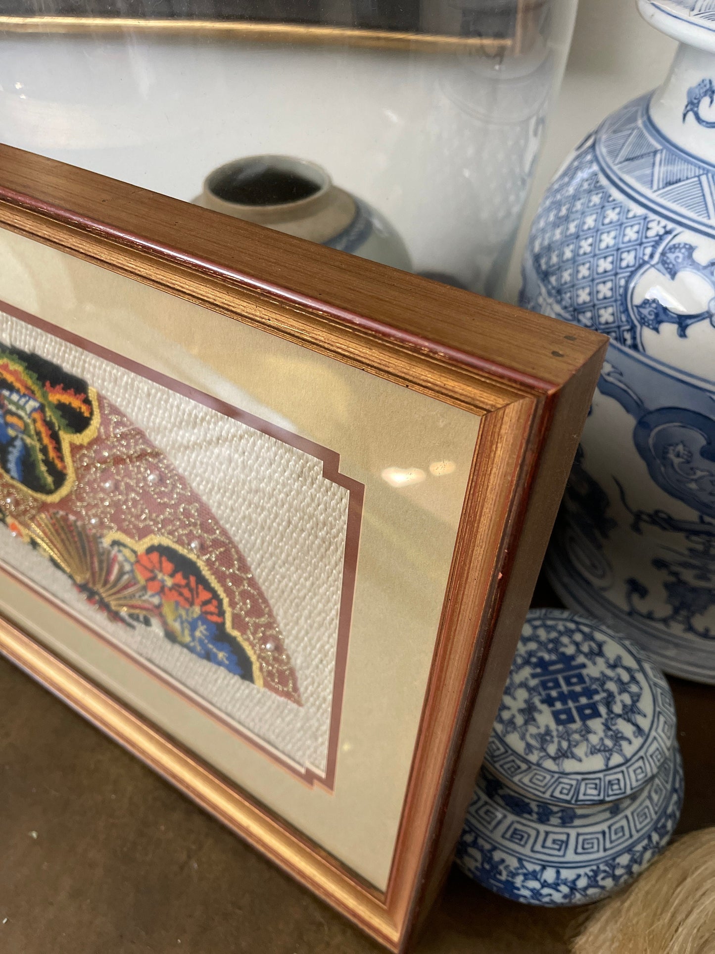 Vintage Framed Asian Cross-stitch Fan