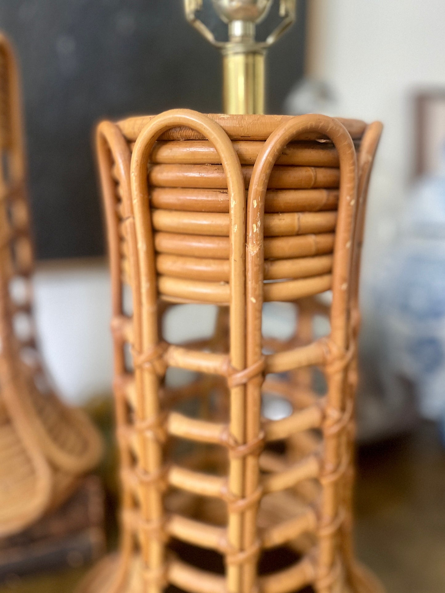 Pair of Vintage Pencil Reed Rattan Lamps in the Style of Gabriella Crespi