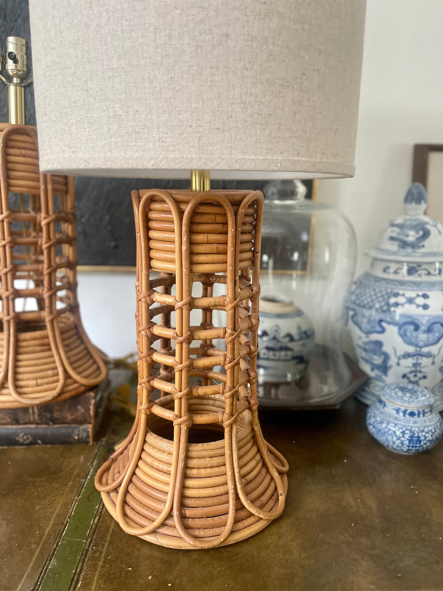 Pair of Vintage Pencil Reed Rattan Lamps in the Style of Gabriella Crespi