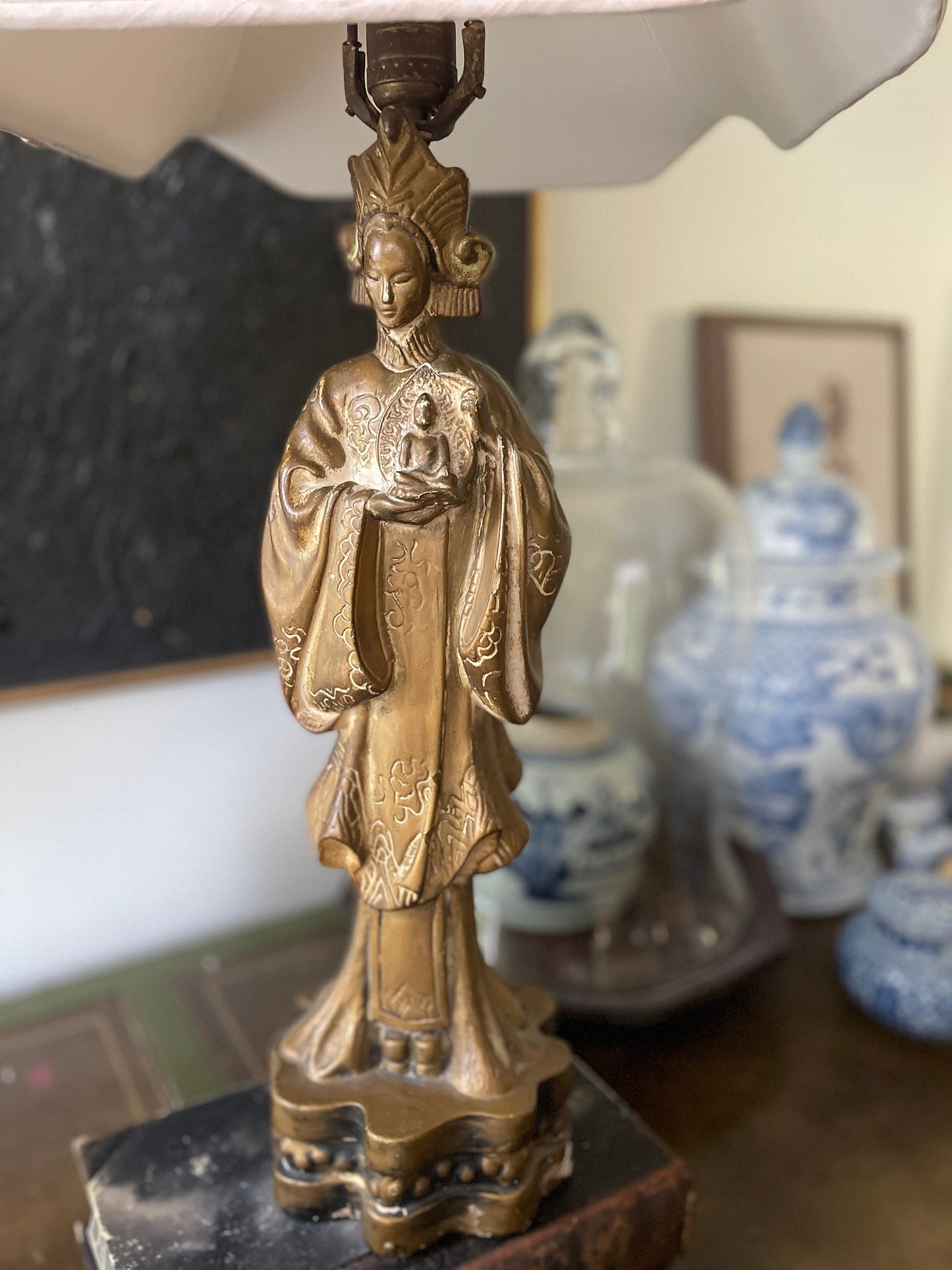 Vintage Asian Chalkware Quan Yin Lamp