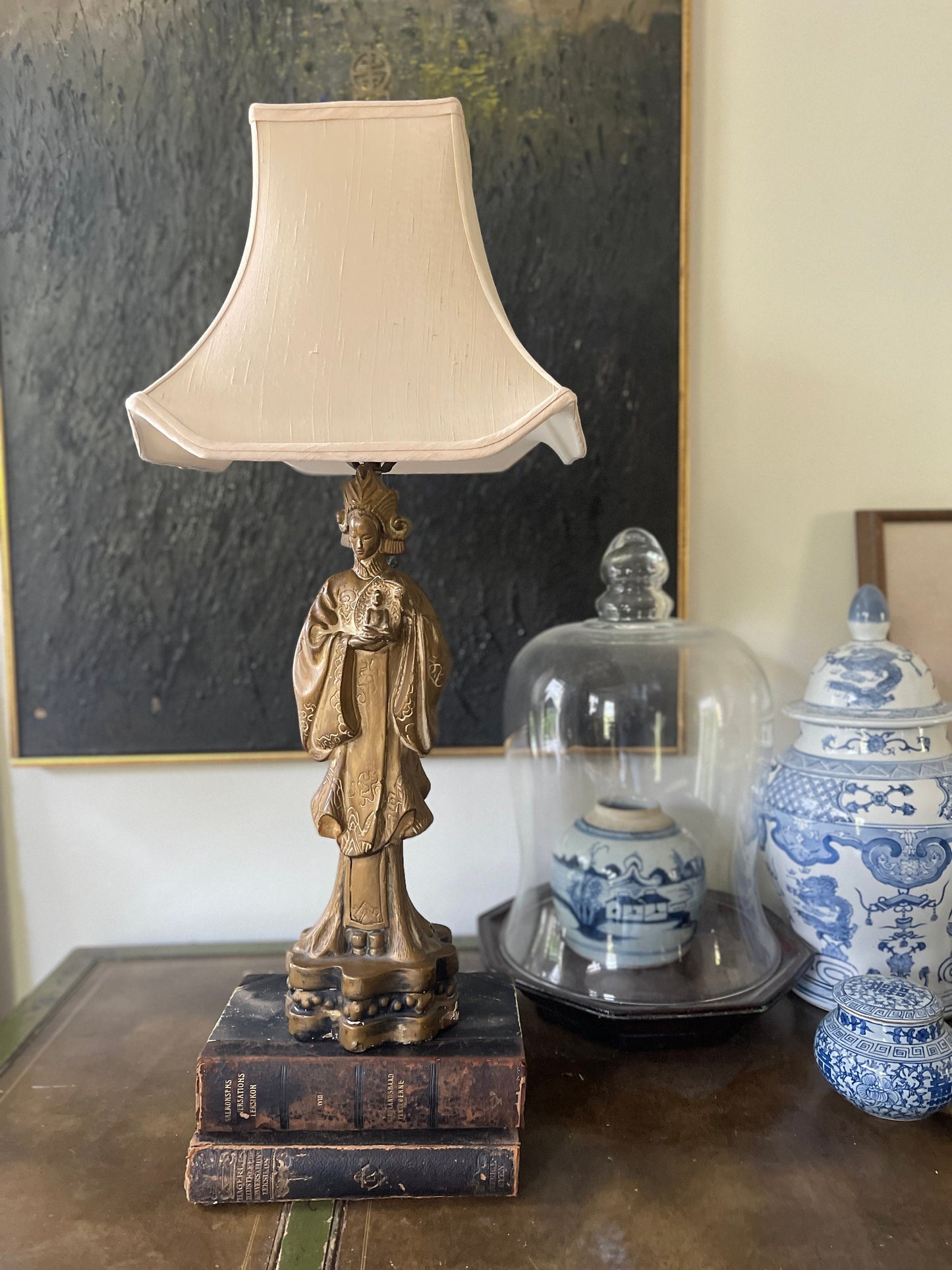 Vintage Asian Chalkware Quan Yin Lamp