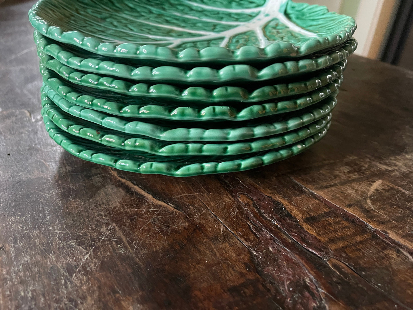 Set of Seven (7) Green Cabbage Leaf 8 5/8” Plates