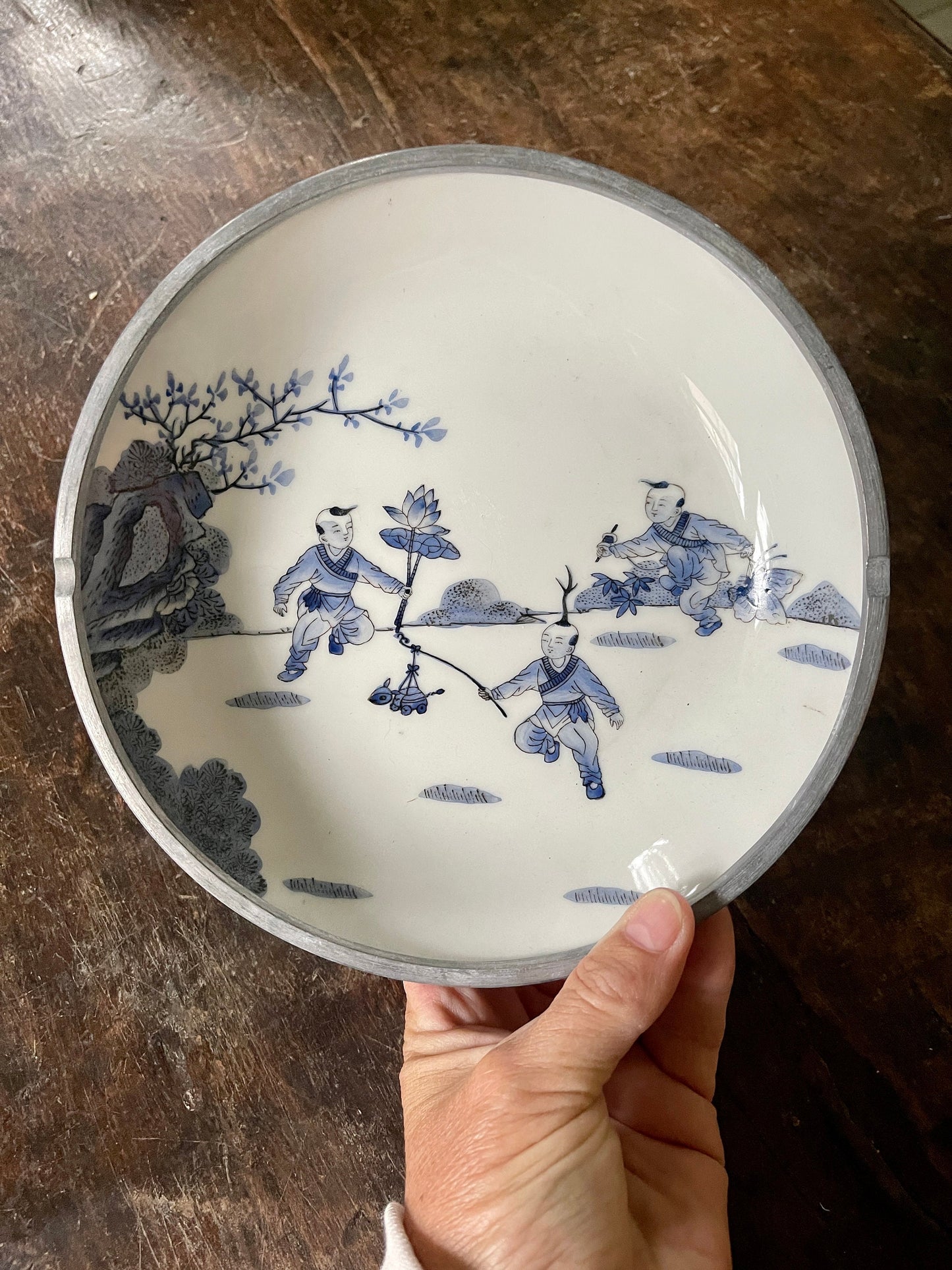 Vintage Blue and White Chinoiserie Ceramic and Aluminum Noodle Bowl