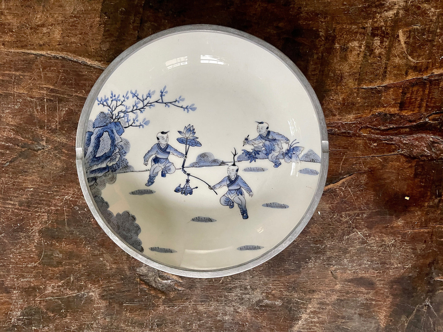 Vintage Blue and White Chinoiserie Ceramic and Aluminum Noodle Bowl