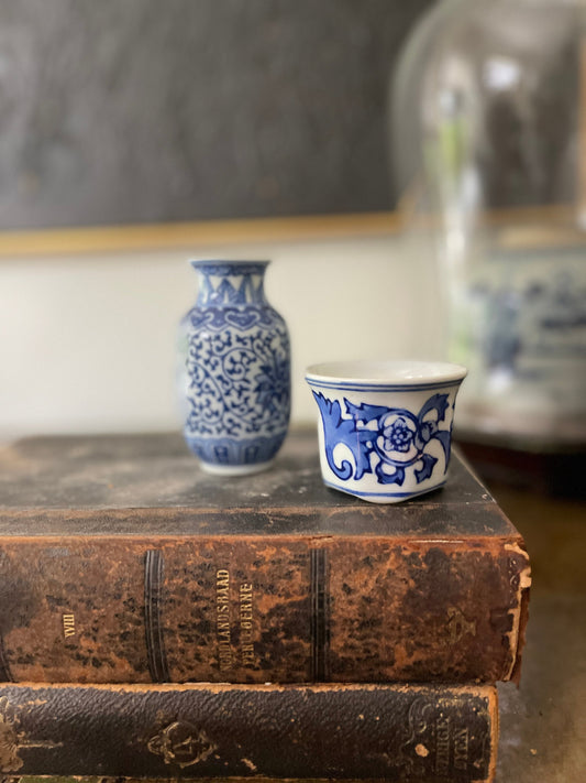 Collection of Two (2) Blue and White Chinoiserie Miniature Vase and Planter