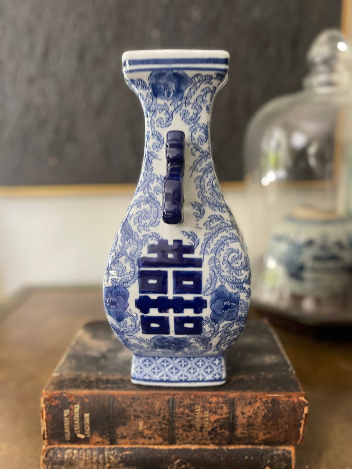 Contemporary Double Happiness Blue and White Asian Vase