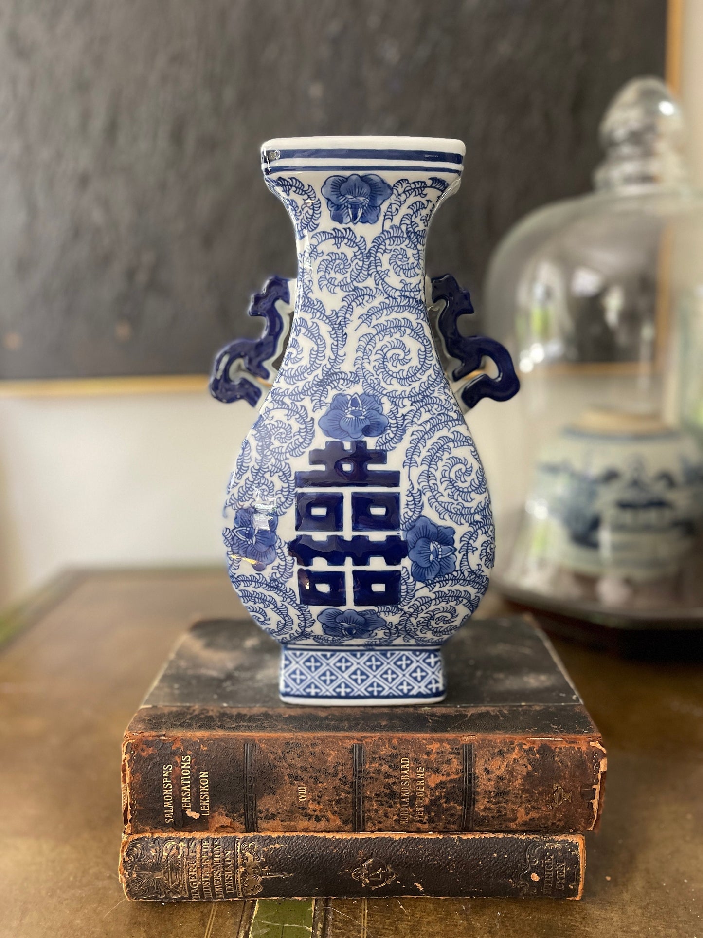 Contemporary Double Happiness Blue and White Asian Vase