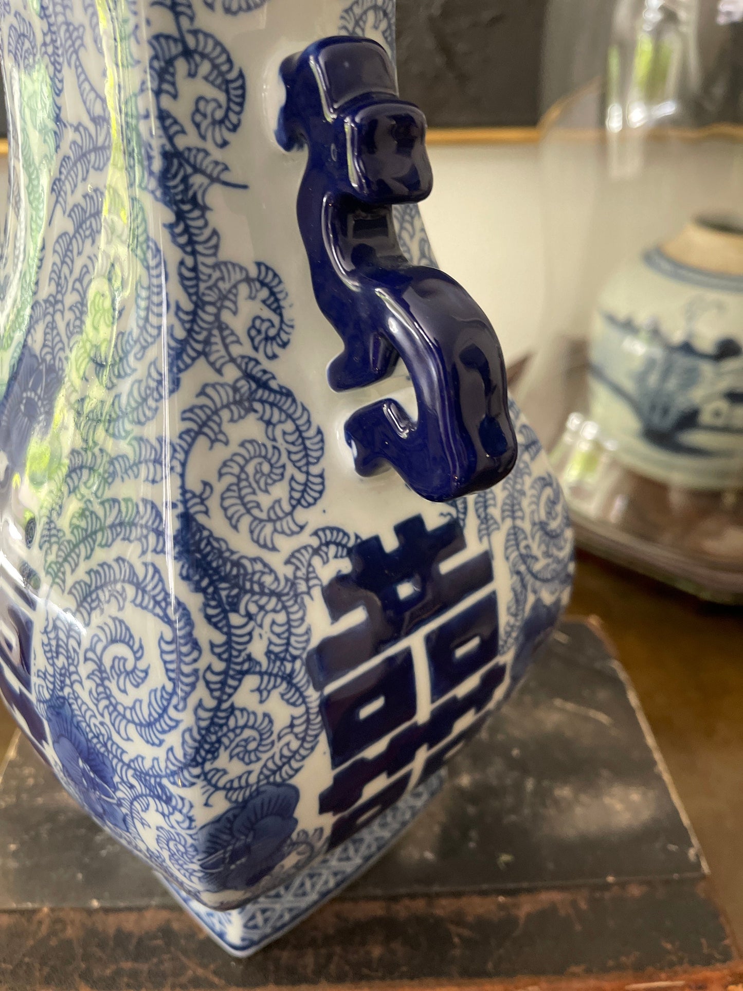 Contemporary Double Happiness Blue and White Asian Vase