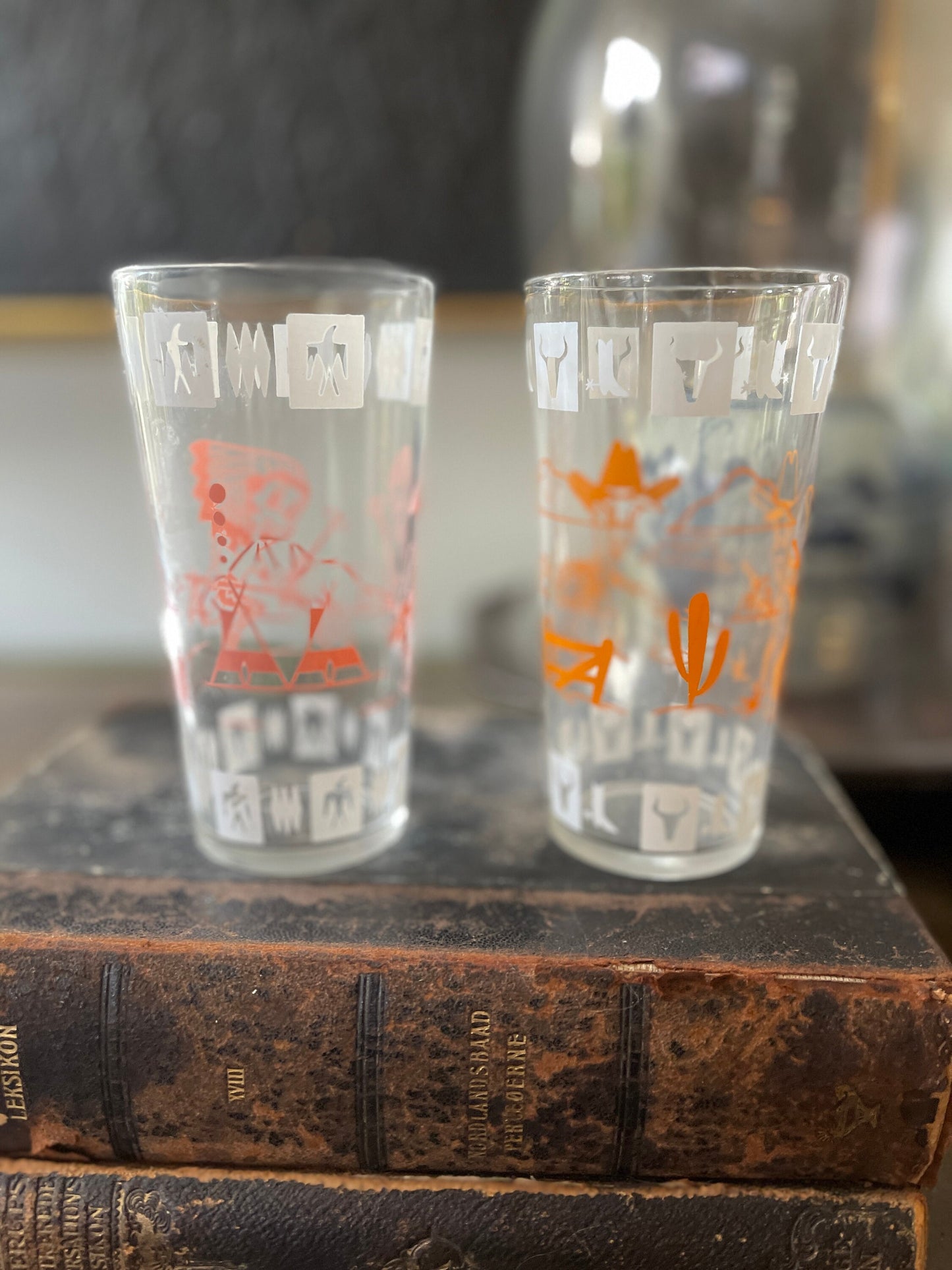 Set of Two(2) Anchor Hocking Western Cowboy MCM Retro Drinking Glasses