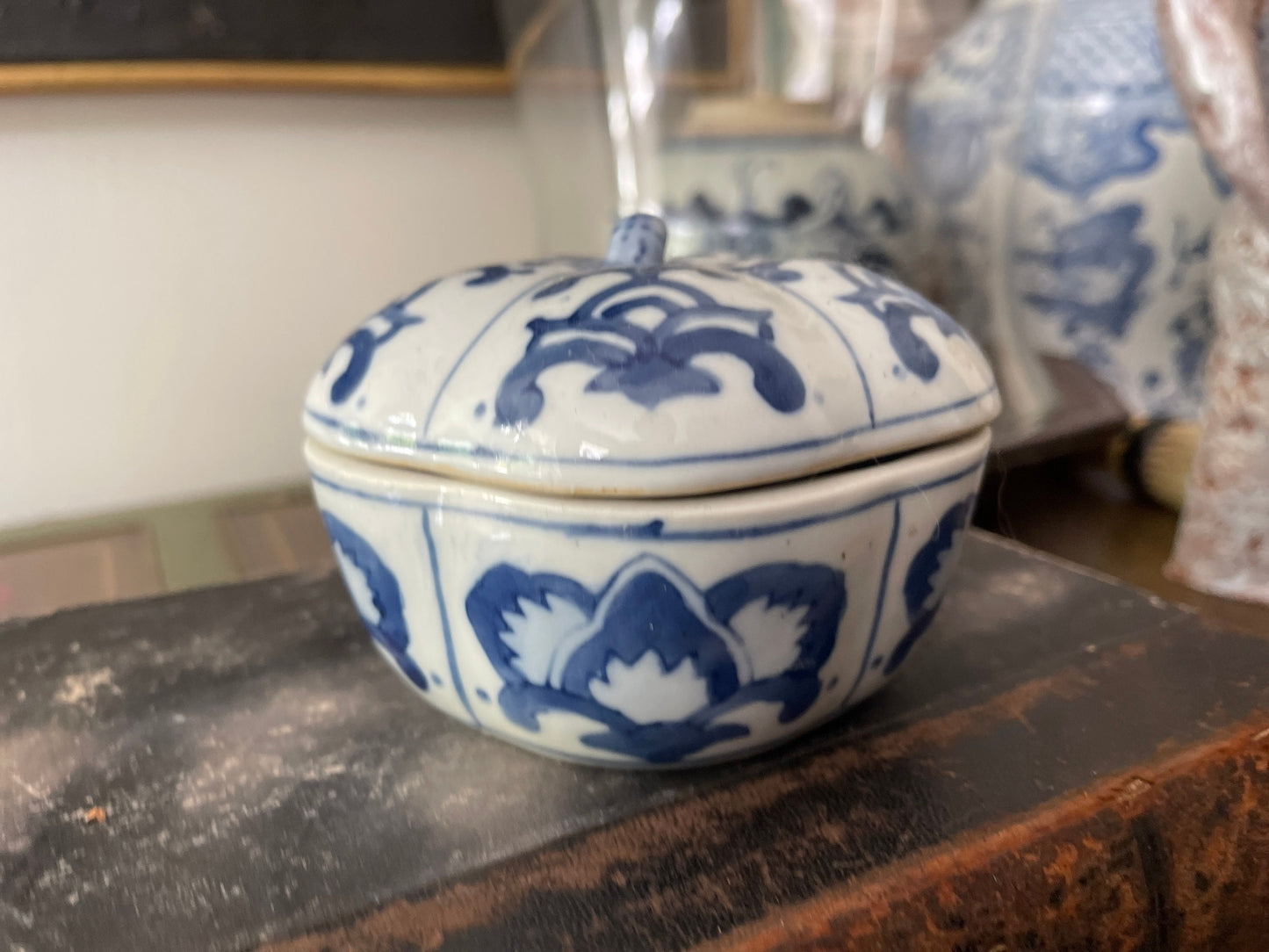 Small Blue and White Pumpkin Shaped Asian Trinket Jar