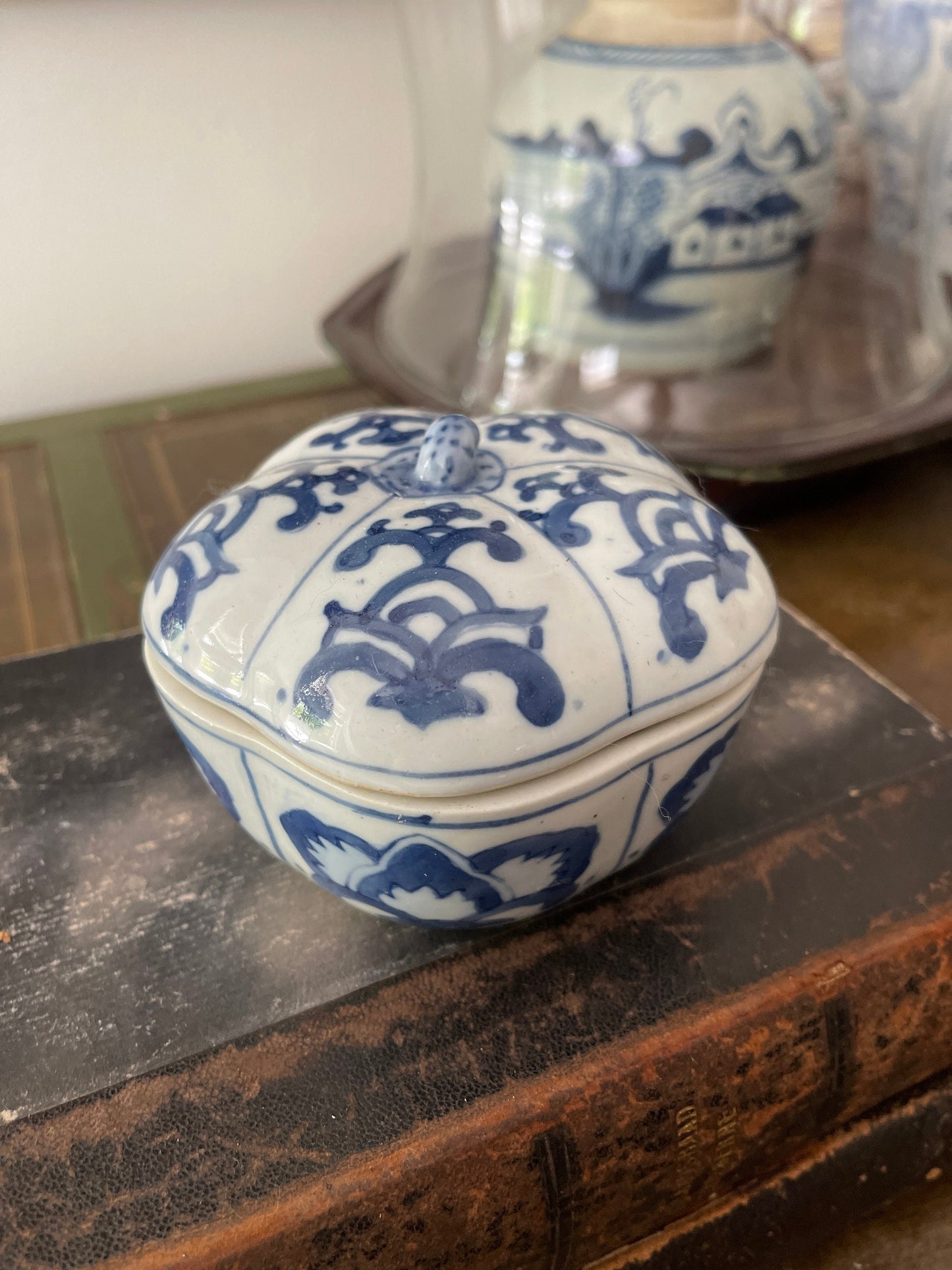 Small Blue and White Pumpkin Shaped Asian Trinket Jar