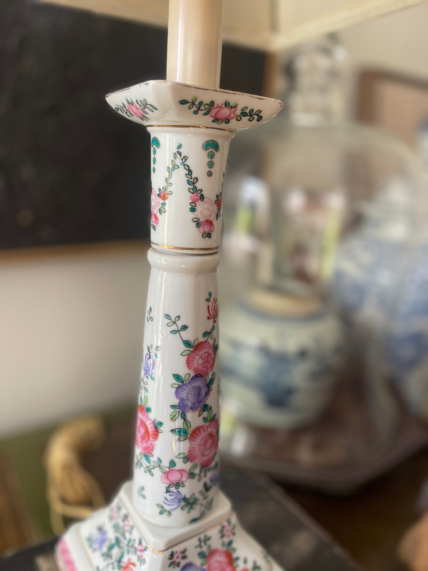 Vintage Porcelain Famille Rose Slender Buffet Lamp