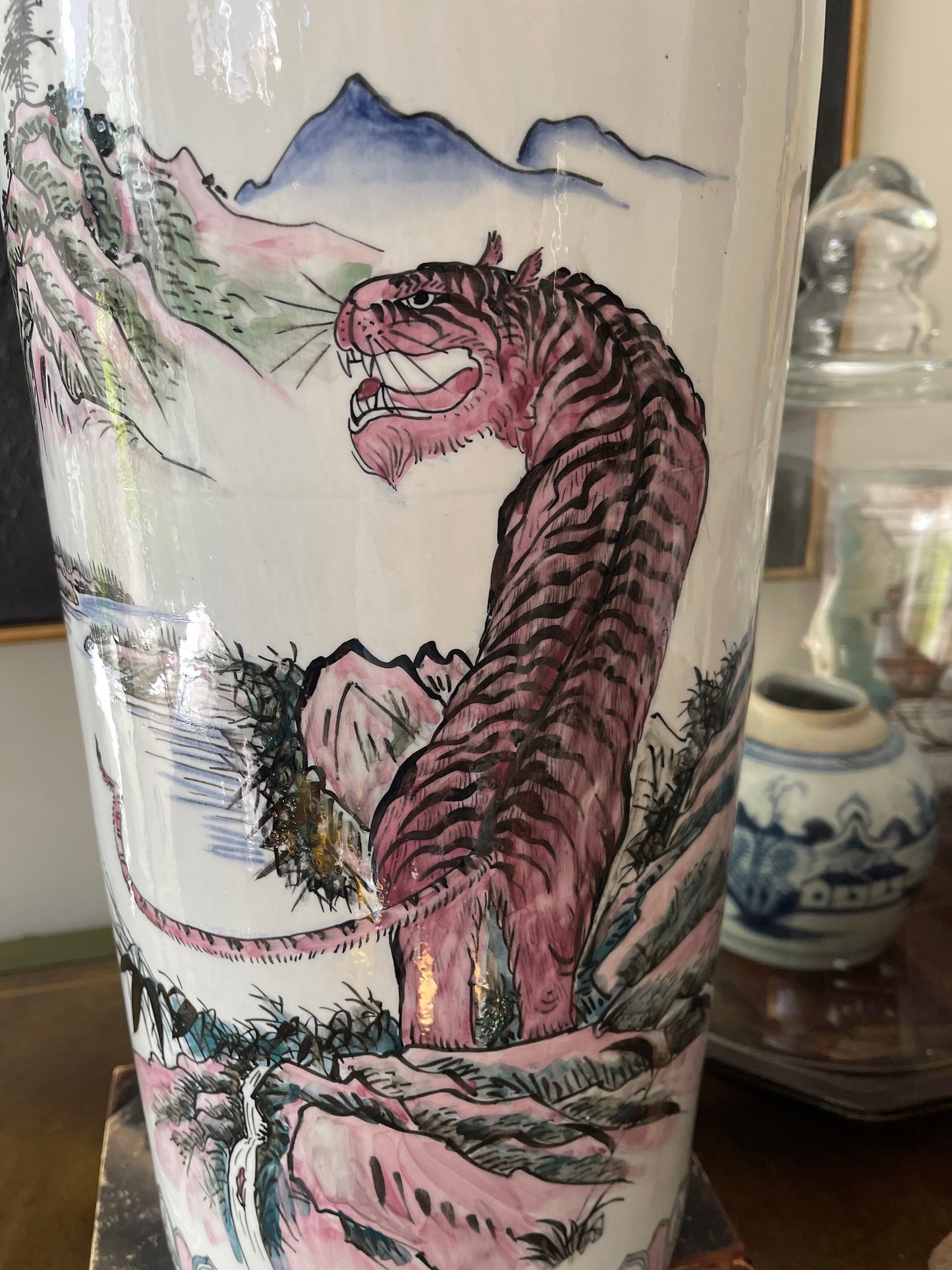 Pink Tiger Asian Ceramic Umbrella Stand